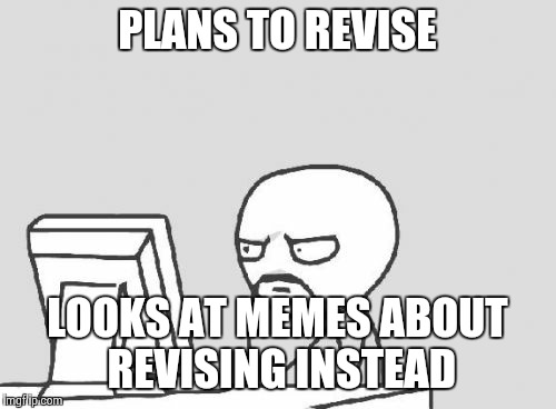 Common revision problems | PLANS TO REVISE LOOKS AT MEMES ABOUT REVISING INSTEAD | image tagged in revision,computer,memes,revising,computer guy | made w/ Imgflip meme maker