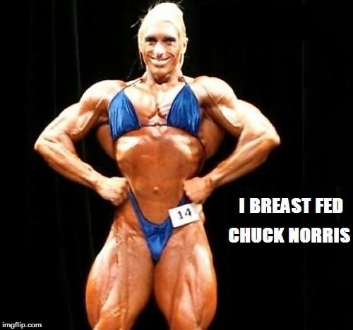 image tagged in chucknorris,bodybuilder,ugly,chuck norris,breastfeeding,blonde | made w/ Imgflip meme maker