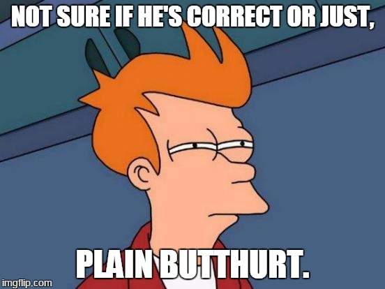 Futurama Fry Meme | NOT SURE IF HE'S CORRECT OR JUST, PLAIN BUTTHURT. | image tagged in memes,futurama fry | made w/ Imgflip meme maker