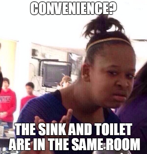 Black Girl Wat Meme | CONVENIENCE? THE SINK AND TOILET ARE IN THE SAME ROOM | image tagged in memes,black girl wat | made w/ Imgflip meme maker