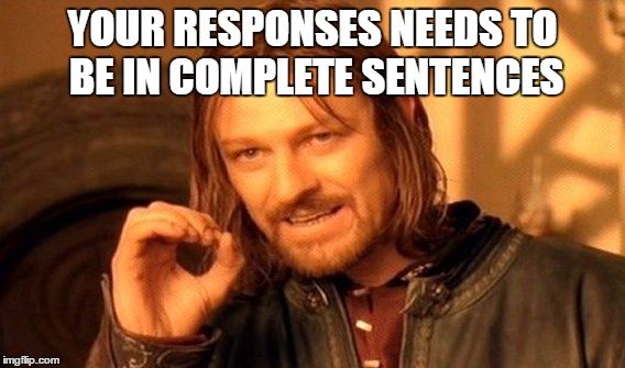 One Does Not Simply Meme | YOUR RESPONSES NEEDS TO BE IN COMPLETE SENTENCES | image tagged in memes,one does not simply | made w/ Imgflip meme maker