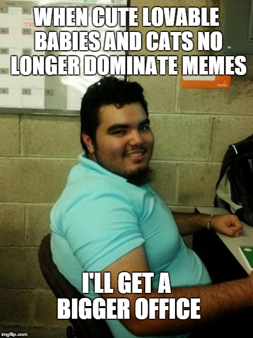 Hardworking Guy | WHEN CUTE LOVABLE BABIES AND CATS NO LONGER DOMINATE MEMES I'LL GET A BIGGER OFFICE | image tagged in memes,hardworking guy | made w/ Imgflip meme maker