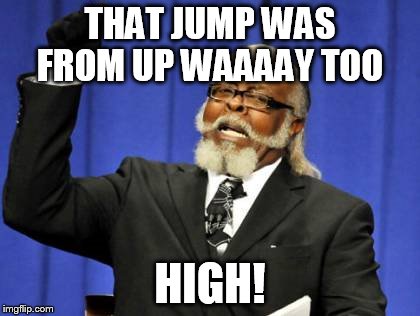 Too Damn High Meme | THAT JUMP WAS FROM UP WAAAAY TOO HIGH! | image tagged in memes,too damn high | made w/ Imgflip meme maker