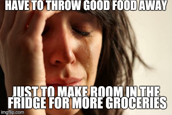 First World Problems | HAVE TO THROW GOOD FOOD AWAY JUST TO MAKE ROOM IN THE FRIDGE FOR MORE GROCERIES | image tagged in memes,first world problems | made w/ Imgflip meme maker