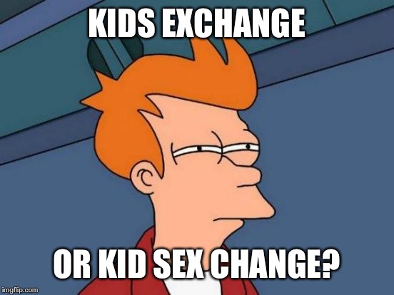 Futurama Fry Meme | KIDS EXCHANGE OR KID SEX CHANGE? | image tagged in memes,futurama fry | made w/ Imgflip meme maker