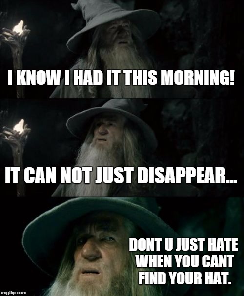 Confused Gandalf | I KNOW I HAD IT THIS MORNING! IT CAN NOT JUST DISAPPEAR... DONT U JUST HATE WHEN YOU CANT FIND YOUR HAT. | image tagged in memes,confused gandalf | made w/ Imgflip meme maker