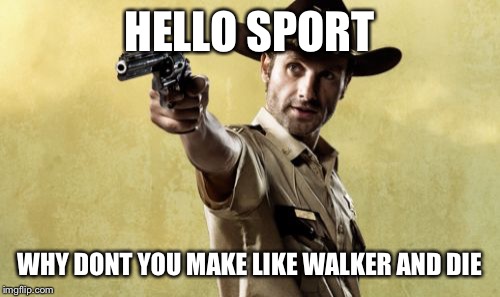 Rick Grimes | HELLO SPORT WHY DONT YOU MAKE LIKE WALKER AND DIE | image tagged in memes,rick grimes | made w/ Imgflip meme maker