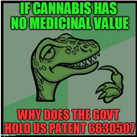 raptor | IF CANNABIS HAS NO MEDICINAL VALUE WHY DOES THE GOVT HOLD US PATENT 6630507 | image tagged in raptor | made w/ Imgflip meme maker
