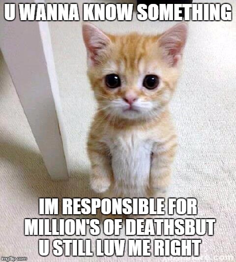 Cute Cat | U WANNA KNOW SOMETHING IM RESPONSIBLE FOR MILLION'S OF DEATHSBUT U STILL LUV ME RIGHT | image tagged in memes,cute cat | made w/ Imgflip meme maker