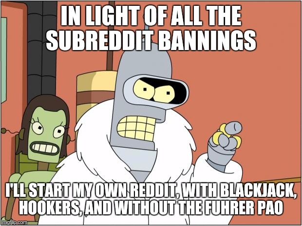 Bender | IN LIGHT OF ALL THE SUBREDDIT BANNINGS I'LL START MY OWN REDDIT, WITH BLACKJACK, HOOKERS, AND WITHOUT THE FUHRER PAO | image tagged in bender,AdviceAnimals | made w/ Imgflip meme maker