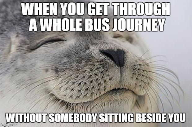Satisfied Seal | WHEN YOU GET THROUGH A WHOLE BUS JOURNEY WITHOUT SOMEBODY SITTING BESIDE YOU | image tagged in memes,satisfied seal,AdviceAnimals | made w/ Imgflip meme maker