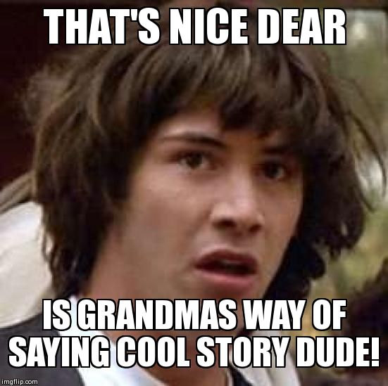 Conspiracy Keanu Meme | THAT'S NICE DEAR IS GRANDMAS WAY OF SAYING COOL STORY DUDE! | image tagged in memes,conspiracy keanu | made w/ Imgflip meme maker