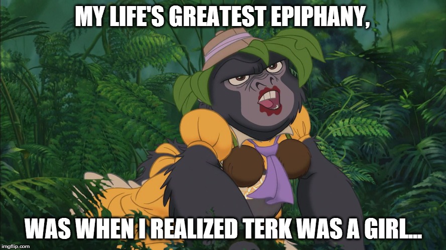 I can't be the only one! | MY LIFE'S GREATEST EPIPHANY, WAS WHEN I REALIZED TERK WAS A GIRL... | image tagged in terk,tarzan,meme | made w/ Imgflip meme maker