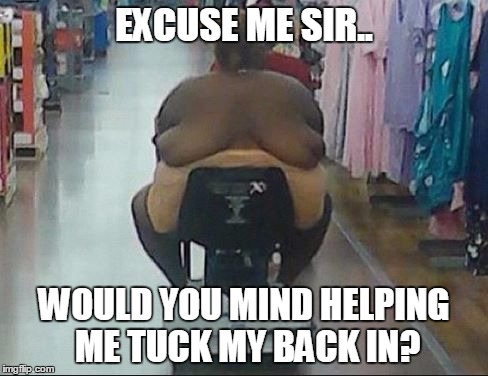 Walmart's Finest | EXCUSE ME SIR.. WOULD YOU MIND HELPING ME TUCK MY BACK IN? | image tagged in back tits,walmart meme | made w/ Imgflip meme maker