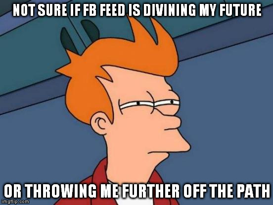 Futurama Fry | NOT SURE IF FB FEED IS DIVINING MY FUTURE OR THROWING ME FURTHER OFF THE PATH | image tagged in memes,futurama fry | made w/ Imgflip meme maker