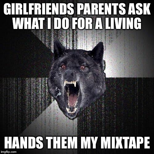 Insanity Wolf | GIRLFRIENDS PARENTS ASK WHAT I DO FOR A LIVING HANDS THEM MY MIXTAPE | image tagged in memes,insanity wolf | made w/ Imgflip meme maker