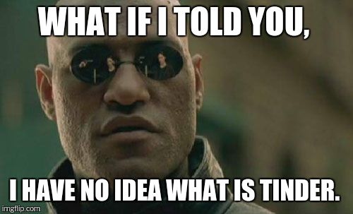 Matrix Morpheus Meme | WHAT IF I TOLD YOU, I HAVE NO IDEA WHAT IS TINDER. | image tagged in memes,matrix morpheus | made w/ Imgflip meme maker
