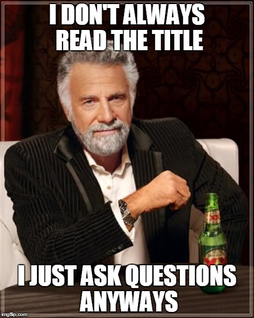 The Most Interesting Man In The World Meme | I DON'T ALWAYS READ THE TITLE I JUST ASK QUESTIONS ANYWAYS | image tagged in memes,the most interesting man in the world | made w/ Imgflip meme maker
