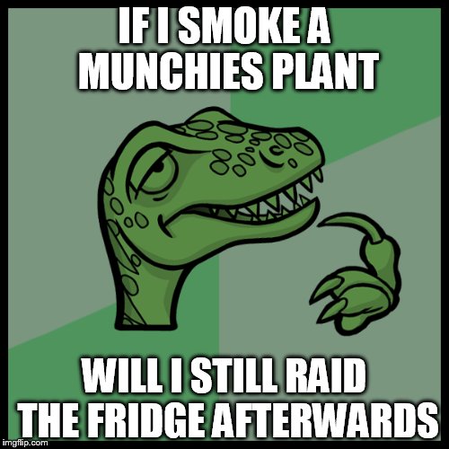 IF I SMOKE A MUNCHIES PLANT WILL I STILL RAID THE FRIDGE AFTERWARDS | image tagged in pot farm,dino | made w/ Imgflip meme maker