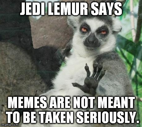 Stoner Lemur Meme | JEDI LEMUR SAYS MEMES ARE NOT MEANT TO BE TAKEN SERIOUSLY. | image tagged in memes,stoner lemur | made w/ Imgflip meme maker