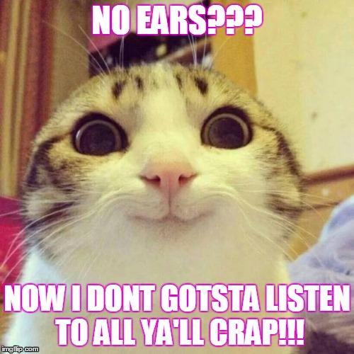 Smiling Cat Meme | NO EARS??? NOW I DONT GOTSTA LISTEN TO ALL YA'LL CRAP!!! | image tagged in memes,smiling cat | made w/ Imgflip meme maker