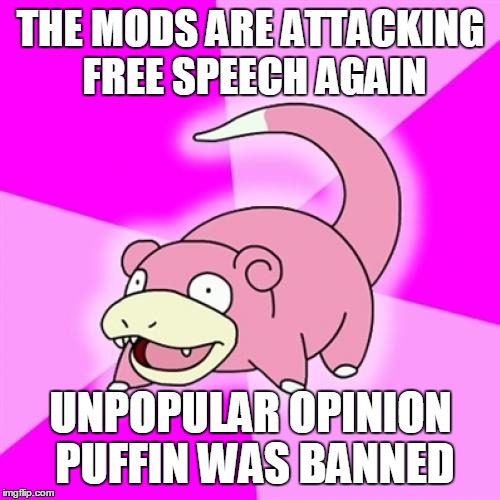 Slowpoke | THE MODS ARE ATTACKING FREE SPEECH AGAIN UNPOPULAR OPINION PUFFIN WAS BANNED | image tagged in memes,slowpoke,AdviceAnimals | made w/ Imgflip meme maker