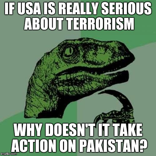 Philosoraptor Meme | IF USA IS REALLY SERIOUS ABOUT TERRORISM WHY DOESN'T IT TAKE ACTION ON PAKISTAN? | image tagged in memes,philosoraptor | made w/ Imgflip meme maker