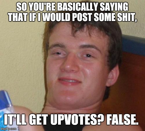 10 Guy Meme | SO YOU'RE BASICALLY SAYING THAT IF I WOULD POST SOME SHIT, IT'LL GET UPVOTES? FALSE. | image tagged in memes,10 guy | made w/ Imgflip meme maker