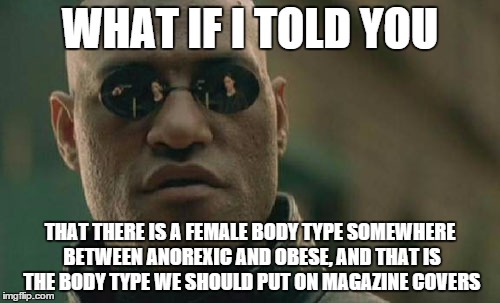 Matrix Morpheus | WHAT IF I TOLD YOU THAT THERE IS A FEMALE BODY TYPE SOMEWHERE BETWEEN ANOREXIC AND OBESE, AND THAT IS THE BODY TYPE WE SHOULD PUT ON MAGAZIN | image tagged in memes,matrix morpheus,AdviceAnimals | made w/ Imgflip meme maker