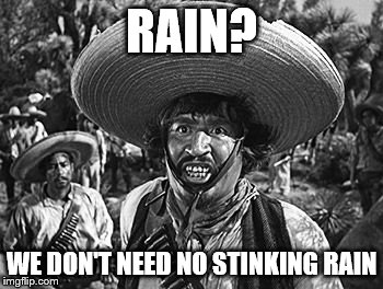 RAIN? WE DON'T NEED NO STINKING RAIN | image tagged in no stinkin badges | made w/ Imgflip meme maker