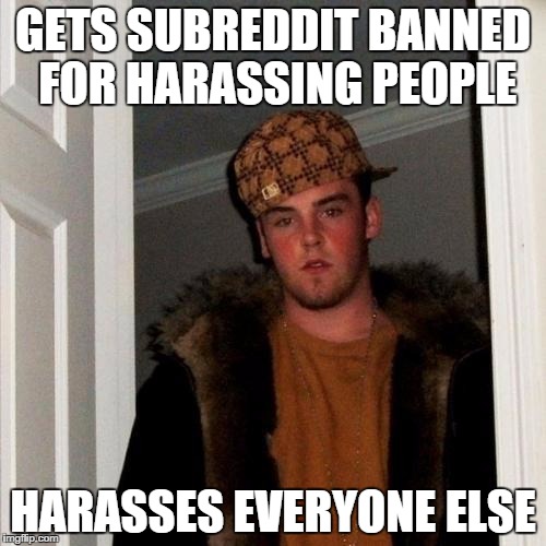 Scumbag Steve Meme | GETS SUBREDDIT BANNED FOR HARASSING PEOPLE HARASSES EVERYONE ELSE | image tagged in memes,scumbag steve,AdviceAnimals | made w/ Imgflip meme maker