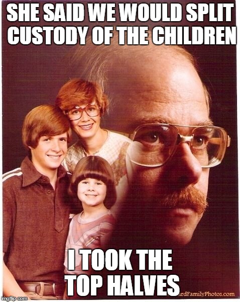 Vengeance Dad | SHE SAID WE WOULD SPLIT CUSTODY OF THE CHILDREN I TOOK THE TOP HALVES | image tagged in memes,vengeance dad | made w/ Imgflip meme maker