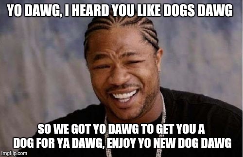 Yo Dawg Heard You | YO DAWG, I HEARD YOU LIKE DOGS DAWG SO WE GOT YO DAWG TO GET YOU A DOG FOR YA DAWG, ENJOY YO NEW DOG DAWG | image tagged in memes,yo dawg heard you | made w/ Imgflip meme maker