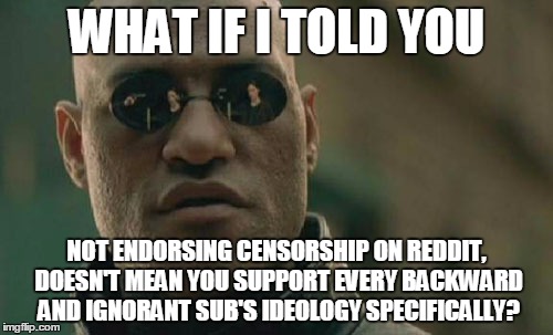 Matrix Morpheus Meme | WHAT IF I TOLD YOU NOT ENDORSING CENSORSHIP ON REDDIT, DOESN'T MEAN YOU SUPPORT EVERY BACKWARD AND IGNORANT SUB'S IDEOLOGY SPECIFICALLY? | image tagged in memes,matrix morpheus | made w/ Imgflip meme maker