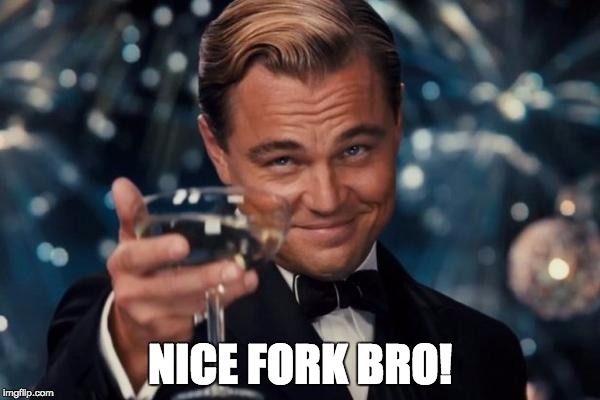 Leonardo Dicaprio Cheers | NICE FORK BRO! | image tagged in memes,leonardo dicaprio cheers | made w/ Imgflip meme maker