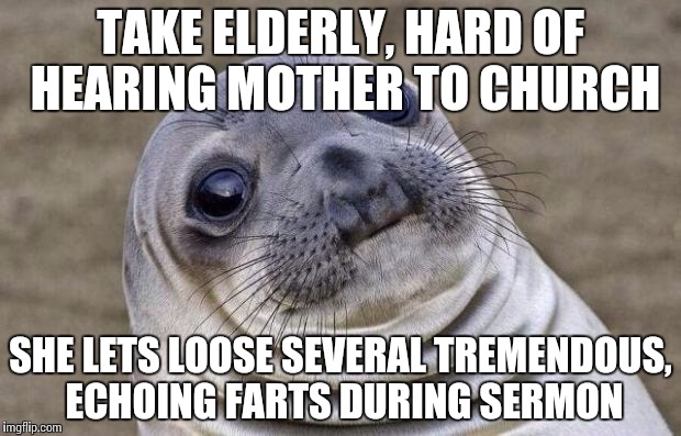 Awkward Moment Sealion Meme | TAKE ELDERLY, HARD OF HEARING MOTHER TO CHURCH SHE LETS LOOSE SEVERAL TREMENDOUS, ECHOING FARTS DURING SERMON | image tagged in memes,awkward moment sealion,AdviceAnimals | made w/ Imgflip meme maker