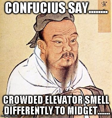 Wise Confucius | CONFUCIUS SAY........ CROWDED ELEVATOR SMELL DIFFERENTLY TO MIDGET....... | image tagged in wise confucius | made w/ Imgflip meme maker