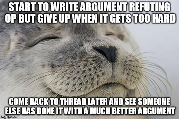 Satisfied Seal | START TO WRITE ARGUMENT REFUTING OP BUT GIVE UP WHEN IT GETS TOO HARD COME BACK TO THREAD LATER AND SEE SOMEONE ELSE HAS DONE IT WITH A MUCH | image tagged in memes,satisfied seal,AdviceAnimals | made w/ Imgflip meme maker