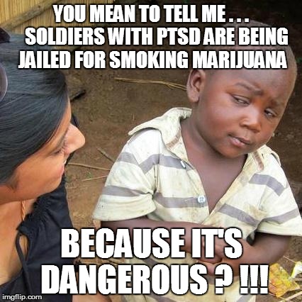 Third World Skeptical Kid | YOU MEAN TO TELL ME . . .   SOLDIERS WITH PTSD ARE BEING JAILED FOR SMOKING MARIJUANA BECAUSE IT'S DANGEROUS ? !!! | image tagged in memes,third world skeptical kid | made w/ Imgflip meme maker