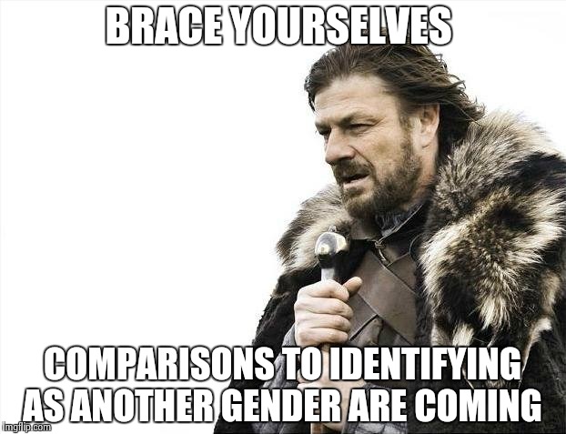 Brace Yourselves X is Coming Meme | BRACE YOURSELVES COMPARISONS TO IDENTIFYING AS ANOTHER GENDER ARE COMING | image tagged in memes,brace yourselves x is coming | made w/ Imgflip meme maker