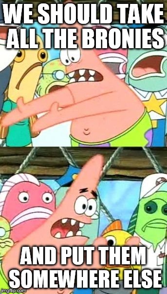 Put It Somewhere Else Patrick Meme | WE SHOULD TAKE ALL THE BRONIES AND PUT THEM SOMEWHERE ELSE | image tagged in memes,put it somewhere else patrick | made w/ Imgflip meme maker