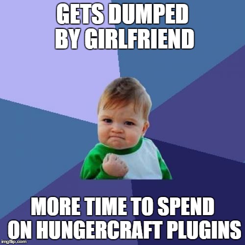 Success Kid Meme | GETS DUMPED BY GIRLFRIEND MORE TIME TO SPEND ON HUNGERCRAFT PLUGINS | image tagged in memes,success kid,Hungercraft | made w/ Imgflip meme maker