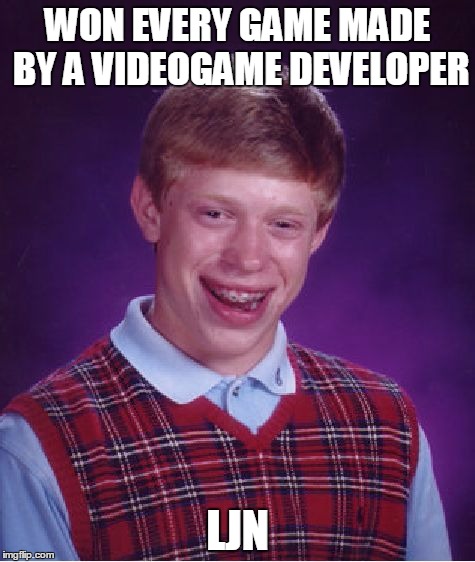 The ultimate shitty-game factory | WON EVERY GAME MADE BY A VIDEOGAME DEVELOPER LJN | image tagged in memes,bad luck brian | made w/ Imgflip meme maker