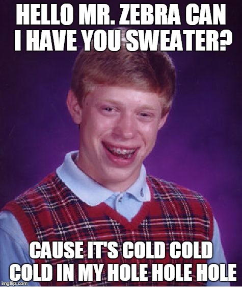 Bad Luck Brian | HELLO MR. ZEBRA
CAN I HAVE YOU SWEATER? CAUSE IT'S COLD COLD COLD
IN MY HOLE HOLE HOLE | image tagged in memes,bad luck brian | made w/ Imgflip meme maker