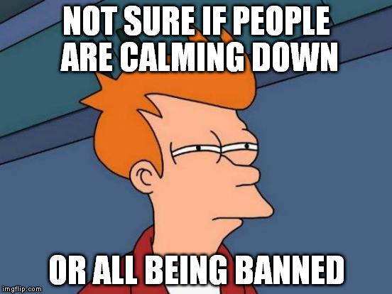 Futurama Fry | NOT SURE IF PEOPLE ARE CALMING DOWN OR ALL BEING BANNED | image tagged in memes,futurama fry,AdviceAnimals | made w/ Imgflip meme maker