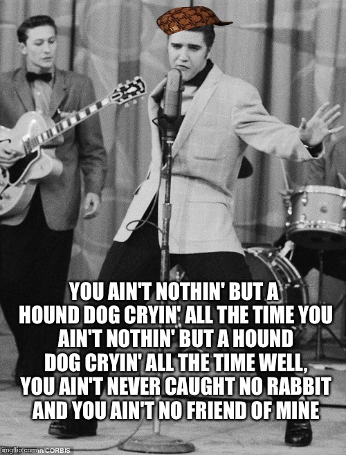 Scumbag myself  | YOU AIN'T NOTHIN' BUT A HOUND DOGCRYIN' ALL THE TIMEYOU AIN'T NOTHIN' BUT A HOUND DOGCRYIN' ALL THE TIMEWELL, YOU AIN'T NEVER CAUGHT NO  | image tagged in elvis presley,scumbag,illuminati | made w/ Imgflip meme maker
