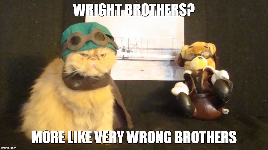 the wrong brothers | WRIGHT BROTHERS? MORE LIKE VERY WRONG BROTHERS | image tagged in kitty,aviation | made w/ Imgflip meme maker