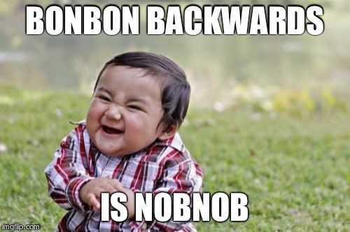Evil Toddler | BONBON BACKWARDS IS NOBNOB | image tagged in memes,evil toddler | made w/ Imgflip meme maker
