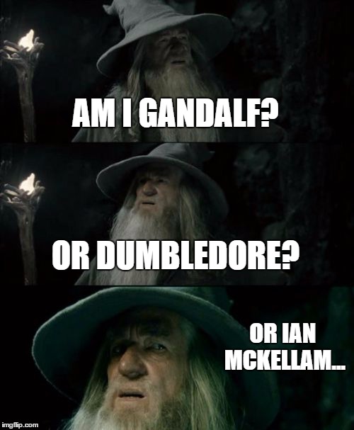 ian mckellan | AM I GANDALF? OR DUMBLEDORE? OR IAN MCKELLAM... | image tagged in memes,confused gandalf | made w/ Imgflip meme maker