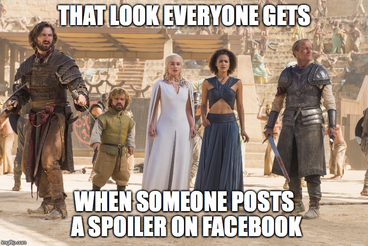 Game Of Thrones Spoiler | THAT LOOK EVERYONE GETS WHEN SOMEONE POSTS A SPOILER ON FACEBOOK | image tagged in game of thrones,memes,spoilers | made w/ Imgflip meme maker